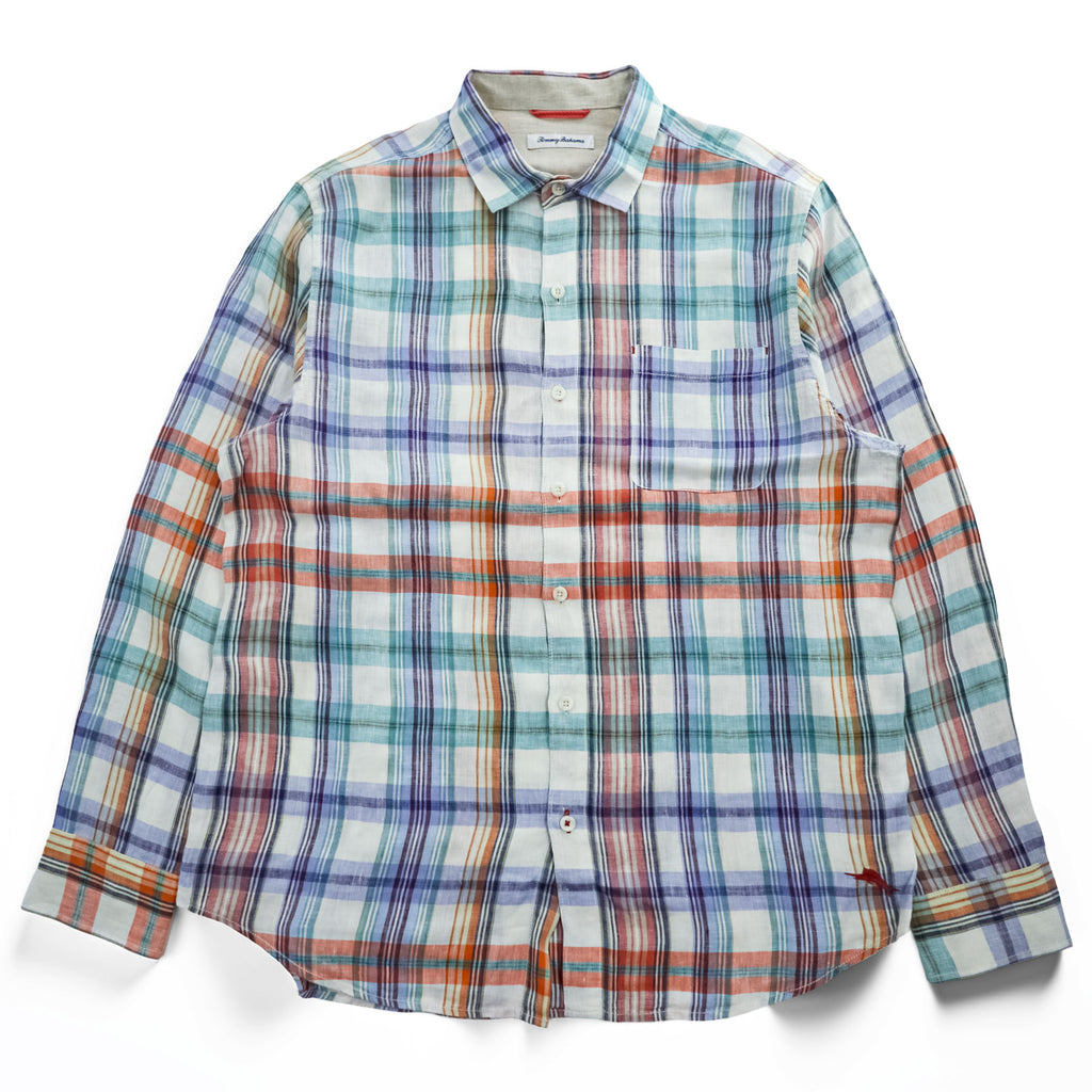 TOMMY BAHAMA リネン 長袖 チェックシャツ L オレンジ グリーン ブルー マドラスチェック 胸ポケット
