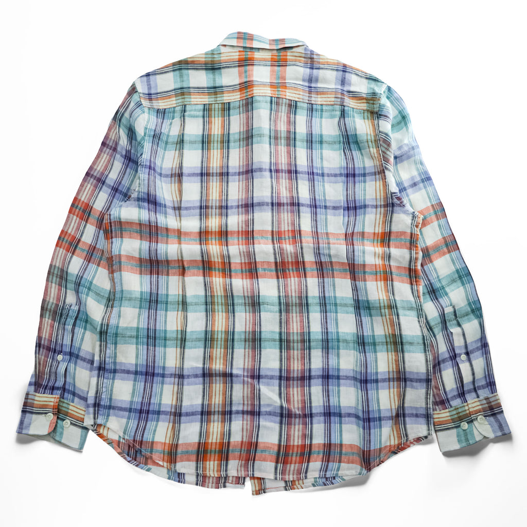 TOMMY BAHAMA リネン 長袖 チェックシャツ L オレンジ グリーン ブルー マドラスチェック 胸ポケット