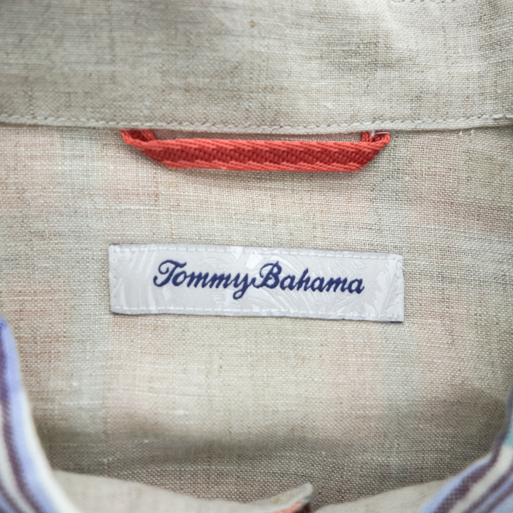 TOMMY BAHAMA リネン 長袖 チェックシャツ L オレンジ グリーン ブルー マドラスチェック 胸ポケット