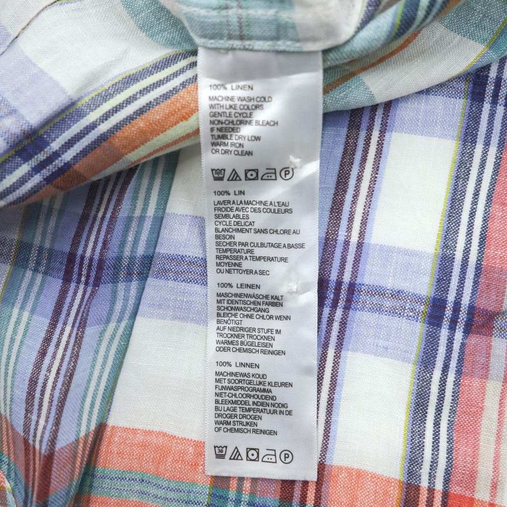 TOMMY BAHAMA リネン 長袖 チェックシャツ L オレンジ グリーン ブルー マドラスチェック 胸ポケット