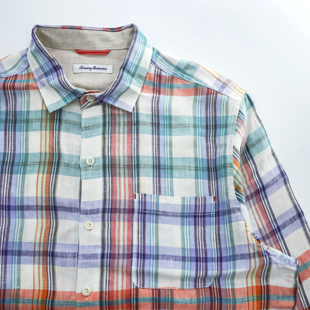 TOMMY BAHAMA リネン 長袖 チェックシャツ L オレンジ グリーン ブルー マドラスチェック 胸ポケット