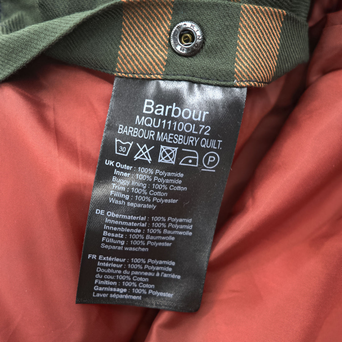 Barbour キルティングジャケット MAESBURY QUILT L ダブルジップ IDEAL 比翼 ボタン 中綿 コーデュロイ襟 MQU1110OL72