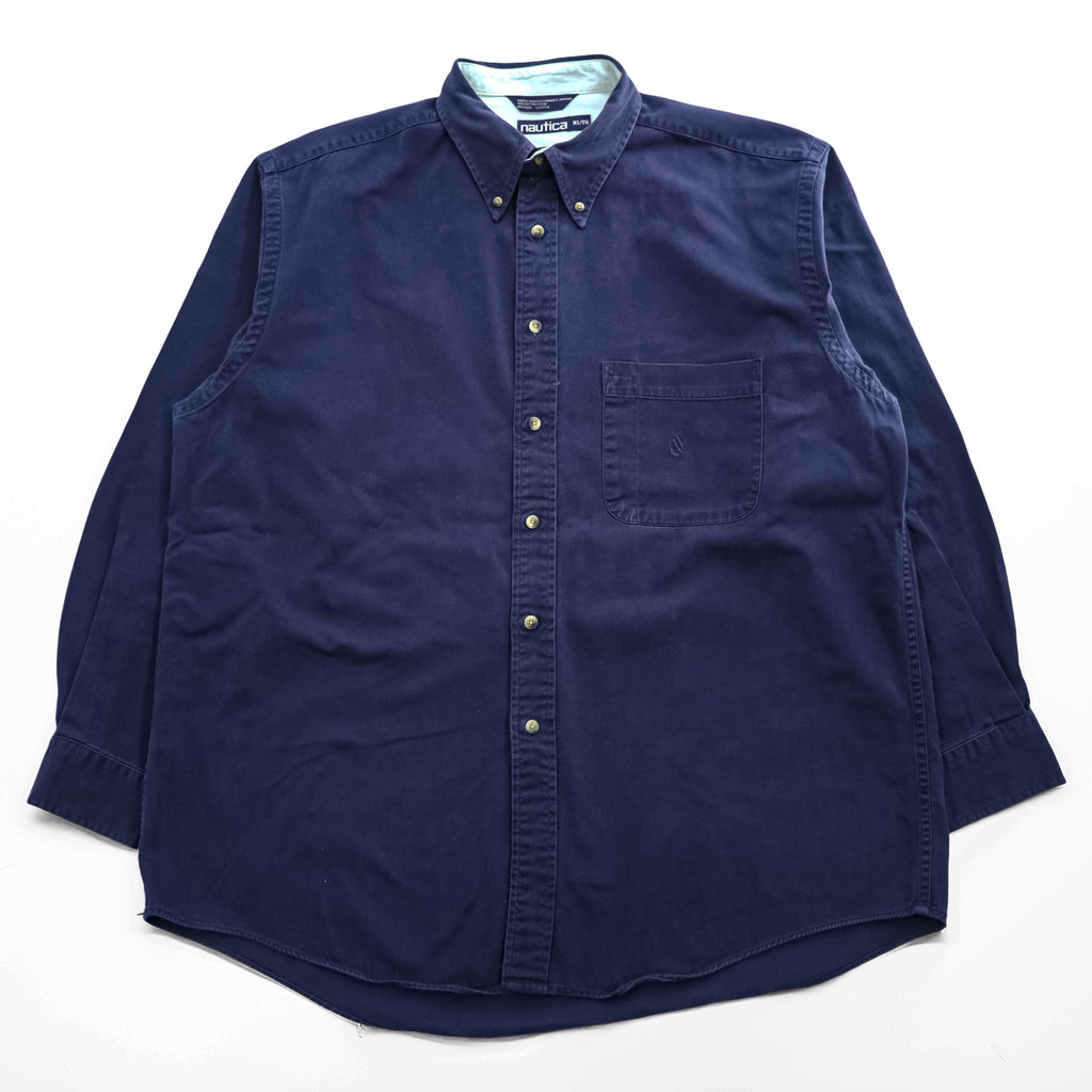 NAUTICA 90s Vintage Long-Sleeve Button-Down Shirt, Size XL and up, Navy, Made in Jamaica