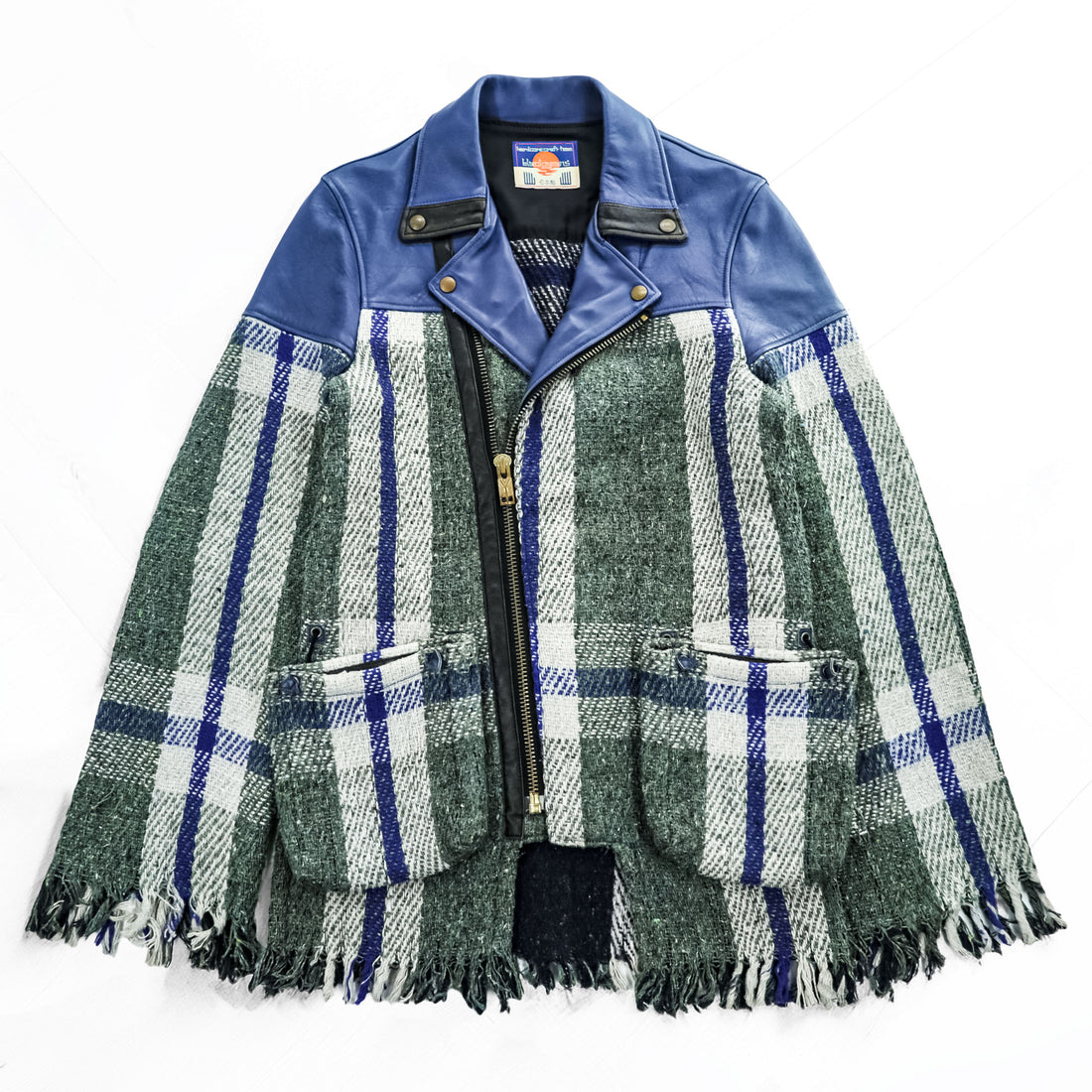 blackmeans Japan Made Fringe Tweed Double Riders Jacket Sheepskin Leather Checked 945-69GJ23-10