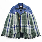 blackmeans Japan Made Fringe Tweed Double Riders Jacket Sheepskin Leather Checked 945-69GJ23-10