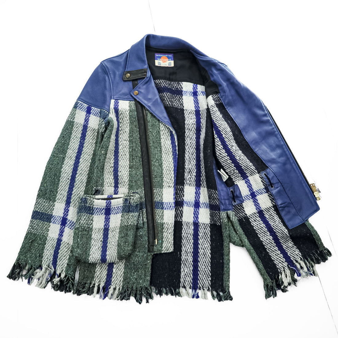 blackmeans Japan Made Fringe Tweed Double Riders Jacket Sheepskin Leather Checked 945-69GJ23-10