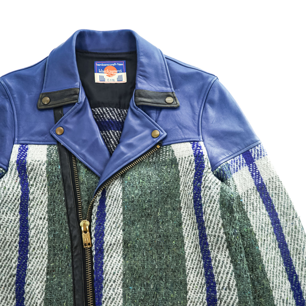 blackmeans Japan Made Fringe Tweed Double Riders Jacket Sheepskin Leather Checked 945-69GJ23-10
