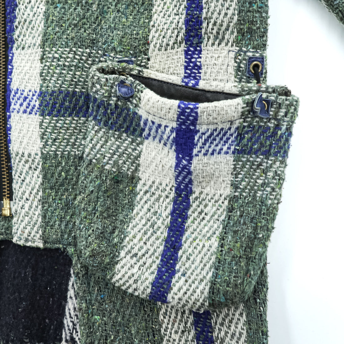 blackmeans Japan Made Fringe Tweed Double Riders Jacket Sheepskin Leather Checked 945-69GJ23-10