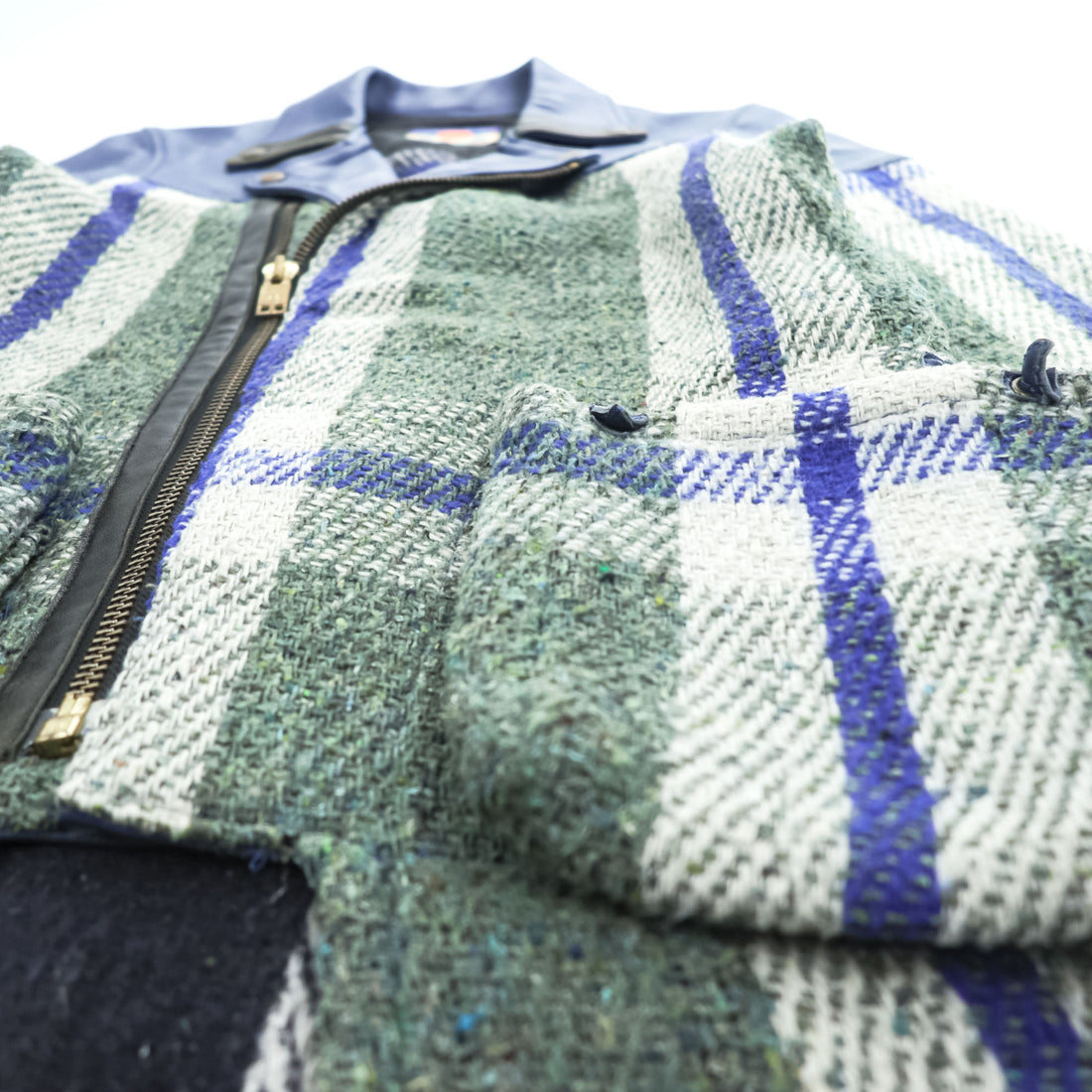 blackmeans Japan Made Fringe Tweed Double Riders Jacket Sheepskin Leather Checked 945-69GJ23-10