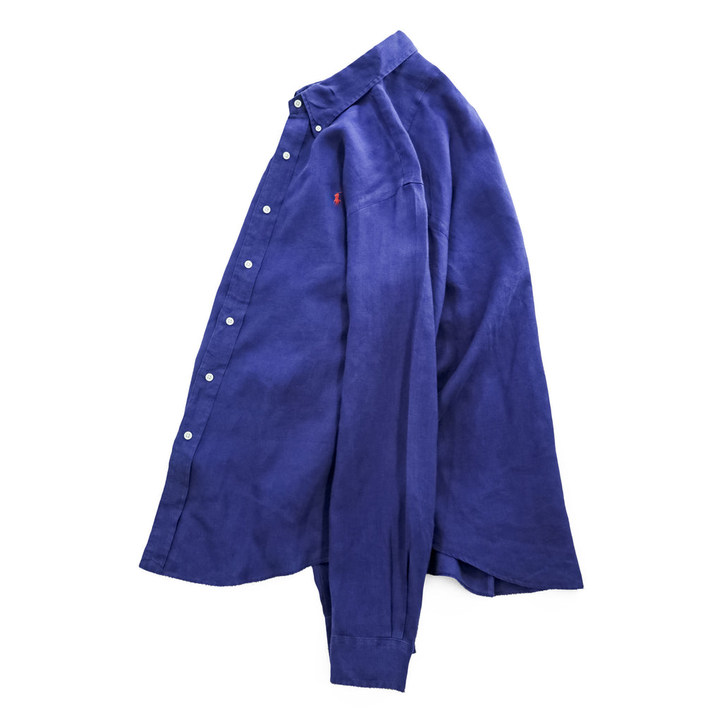 Ralph Lauren 90s Vintage Long-Sleeve Button-Down Shirt, Size L, Blue, Small Pony Logo Embroidery, Custom Fit