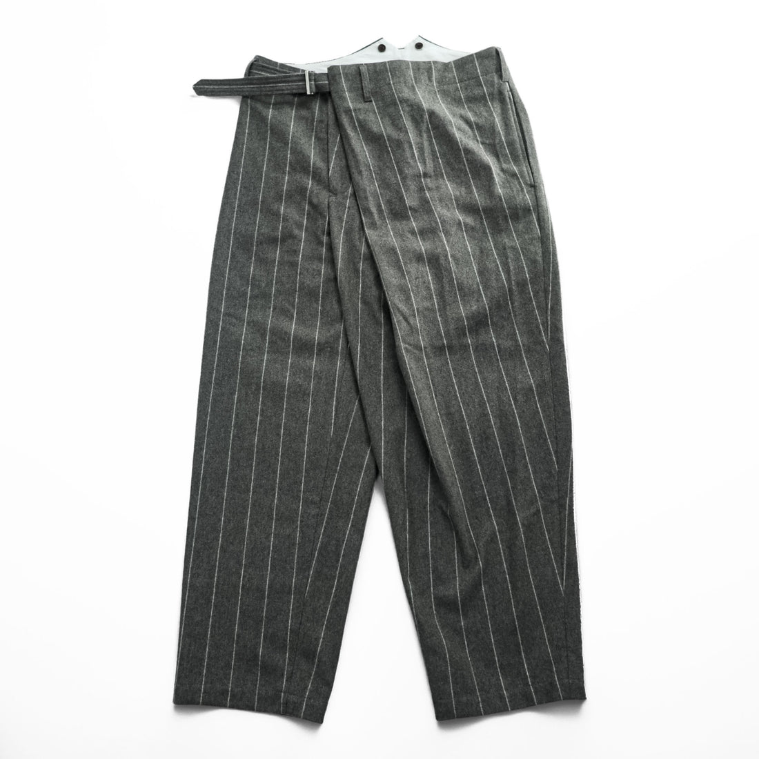 KHOKI 日本製 カシミヤ ワイドパンツ ラップパンツ スラックス M グレー ストライプ Wrap Trousers 22aw-p-05-gray
