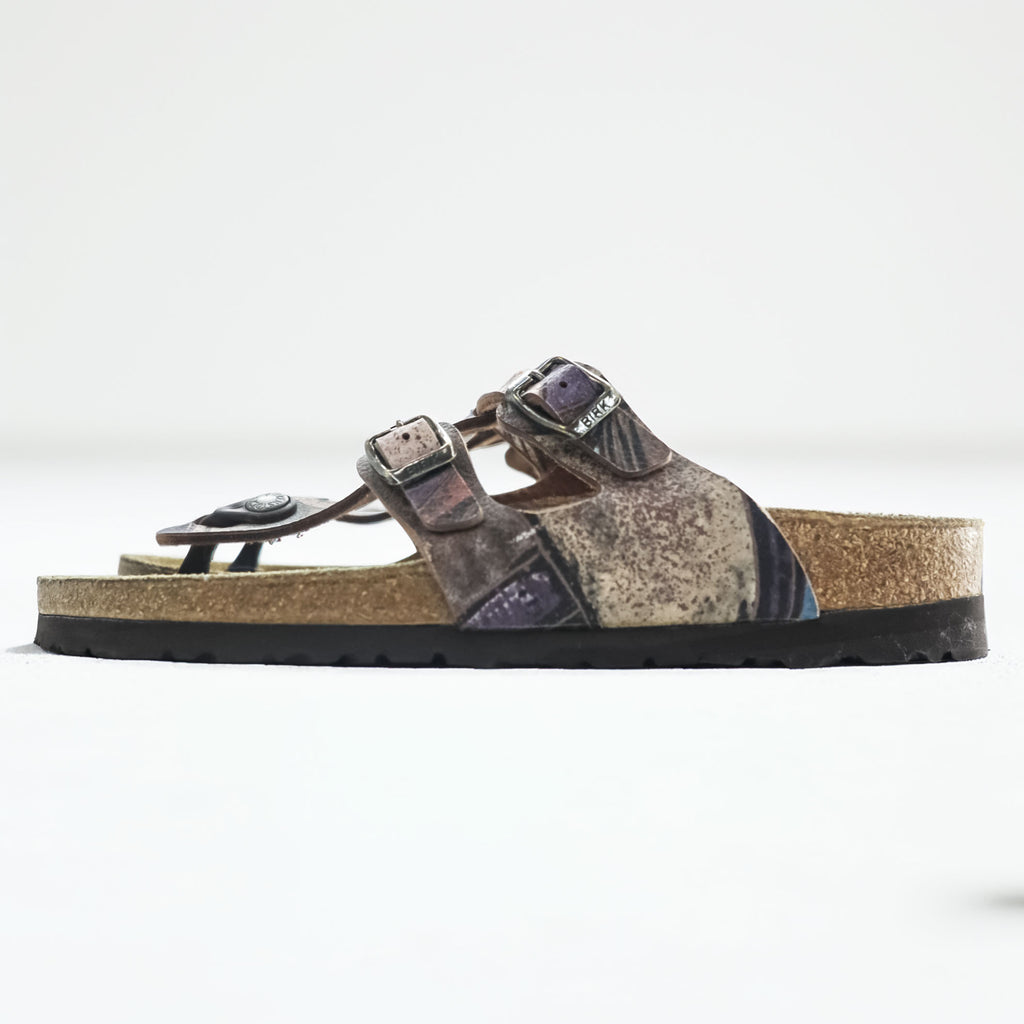 BIRKENSTOCK Germany-made Sparta thong sandals, US size 8.5, brown, purple patterned.