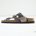BIRKENSTOCK Germany-made Sparta thong sandals, US size 8.5, brown, purple patterned.