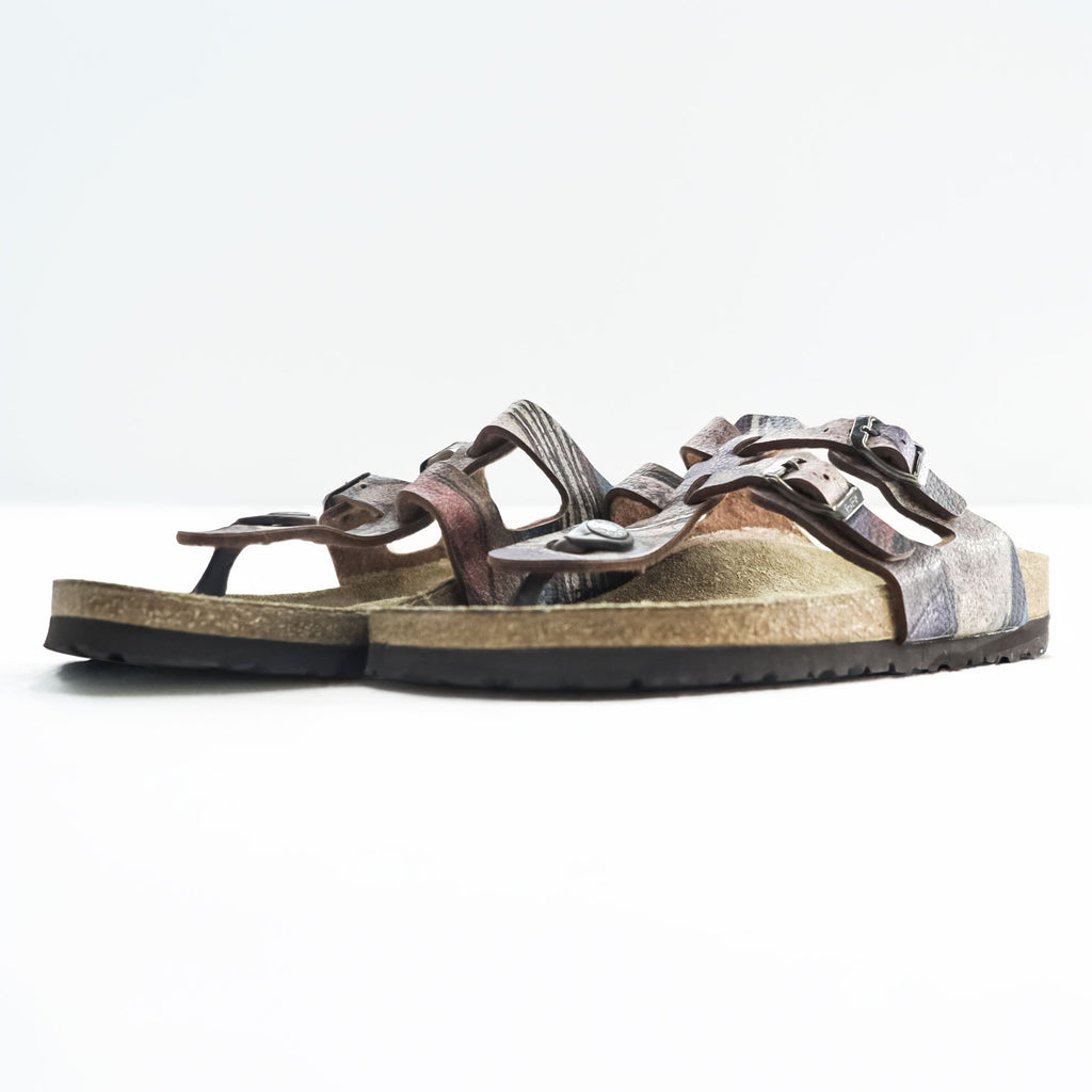 BIRKENSTOCK Germany-made Sparta thong sandals, US size 8.5, brown, purple patterned.