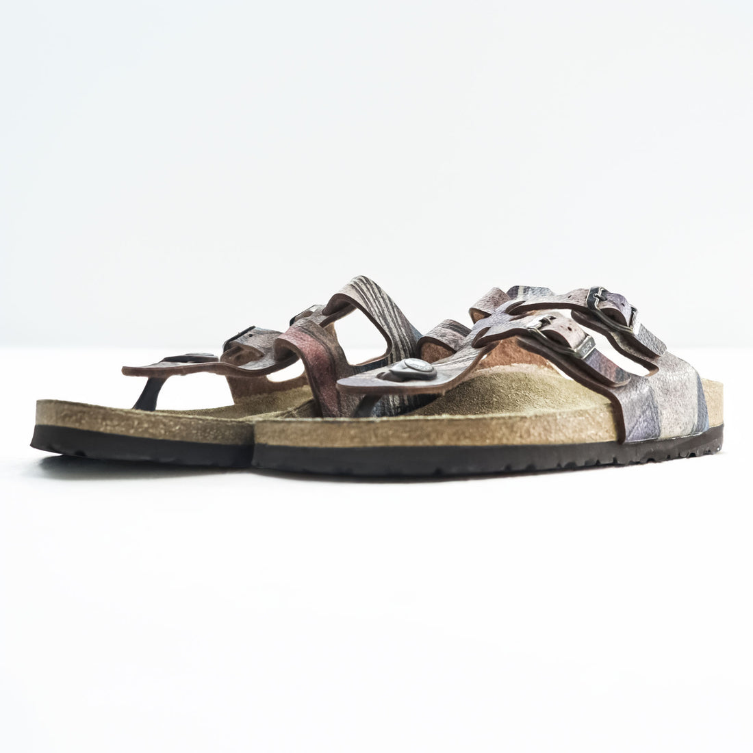 BIRKENSTOCK Germany-made Sparta thong sandals, US size 8.5, brown, purple patterned.