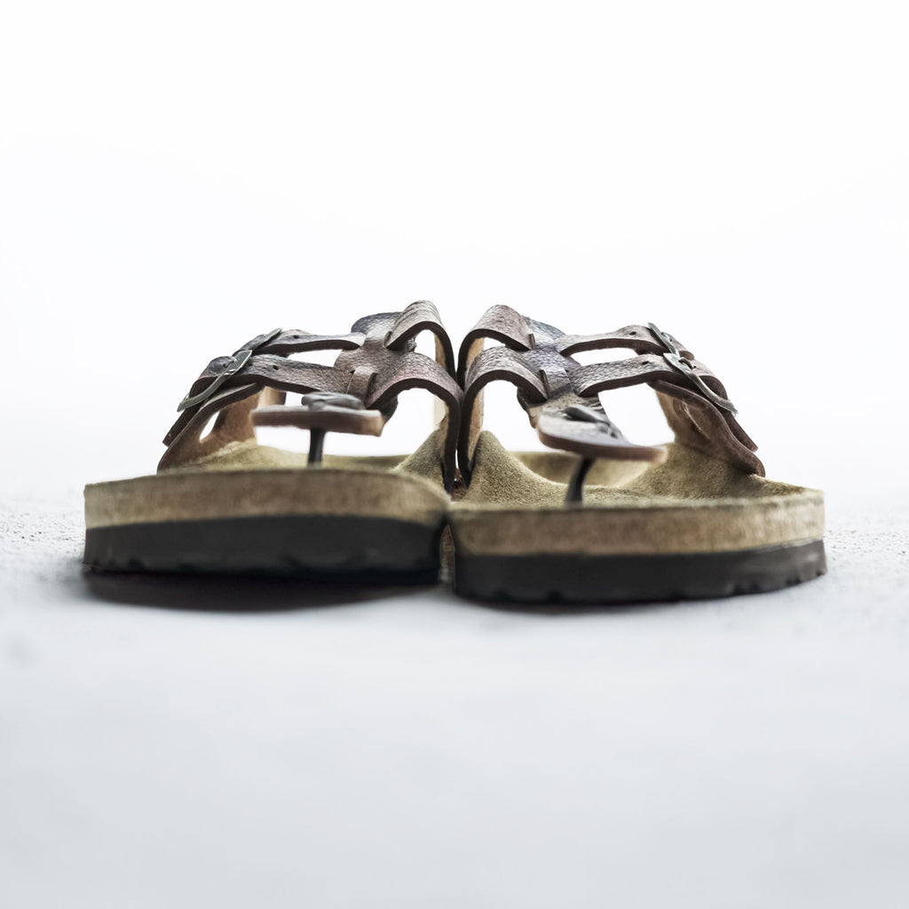 BIRKENSTOCK Germany-made Sparta thong sandals, US size 8.5, brown, purple patterned.