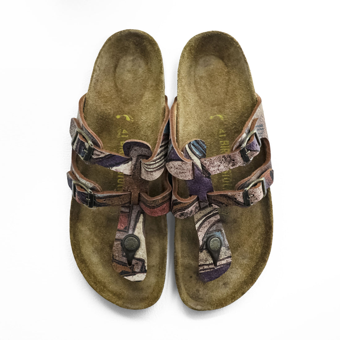 BIRKENSTOCK Germany-made Sparta thong sandals, US size 8.5, brown, purple patterned.