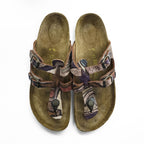 BIRKENSTOCK Germany-made Sparta thong sandals, US size 8.5, brown, purple patterned.