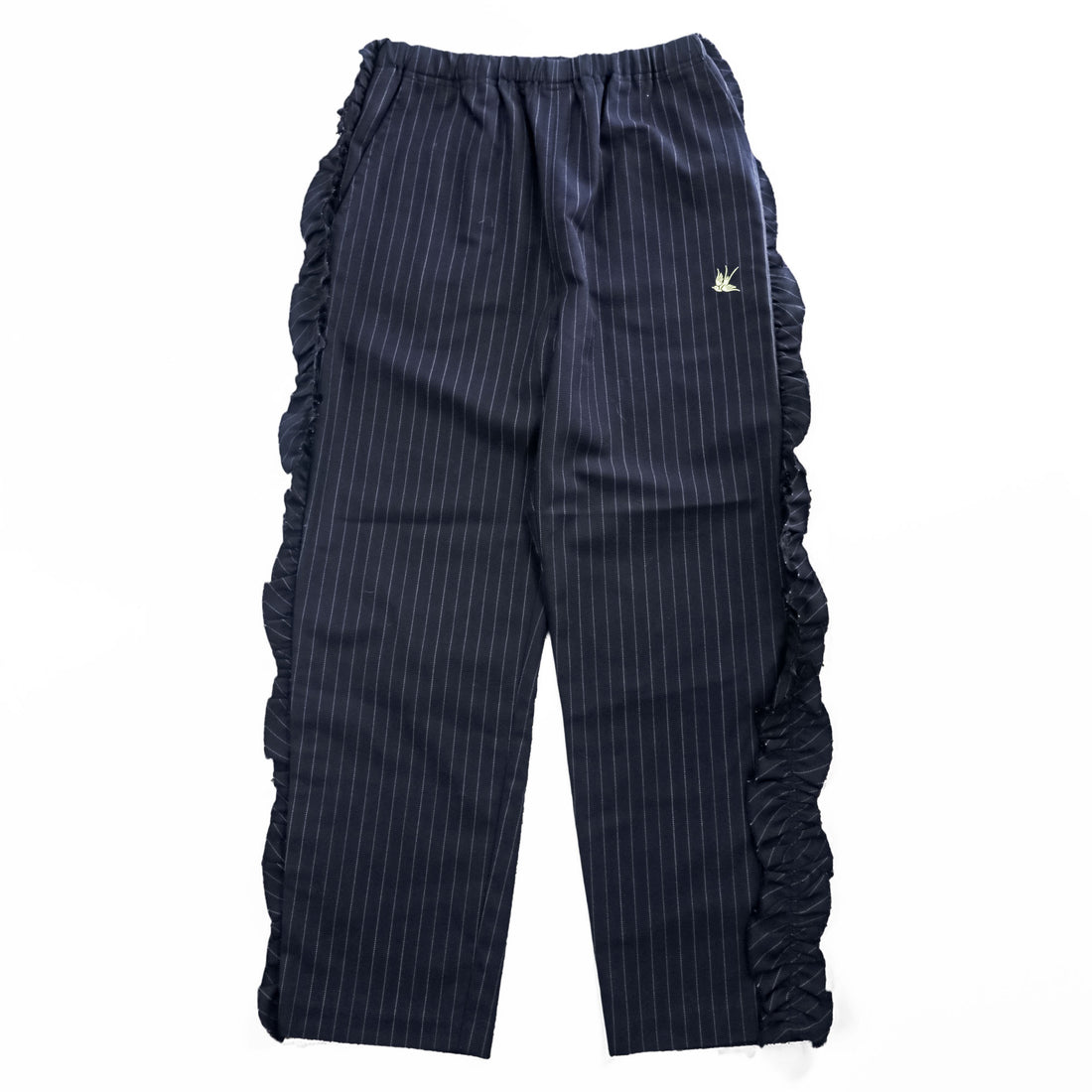 RHODOLIRION (NEPENTHES) フリルサイド ストライプパンツ Frill Side Stripe Pants スラックス イージーパンツ ネイビー ギャバジン NQ974