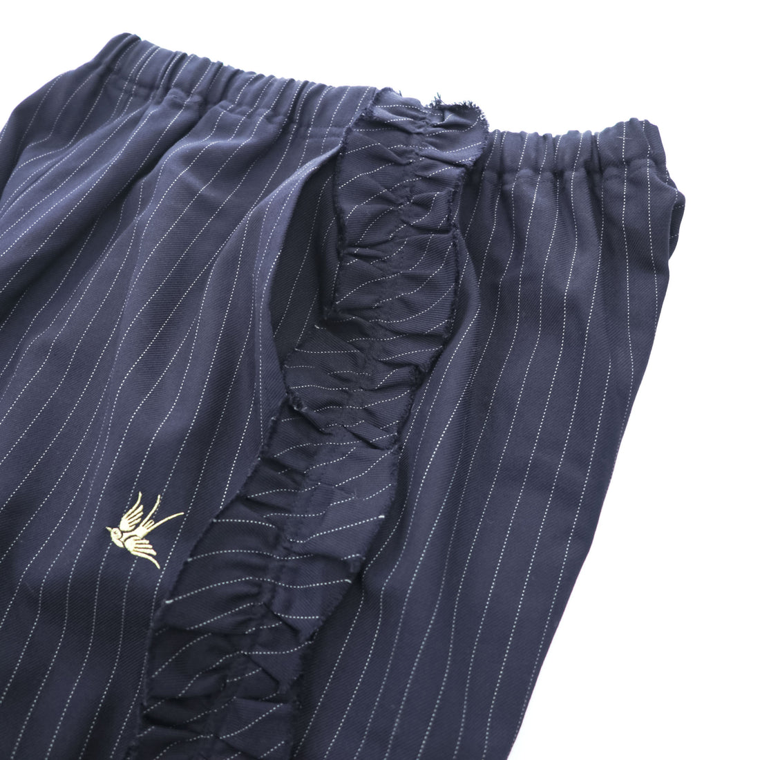RHODOLIRION (NEPENTHES) フリルサイド ストライプパンツ Frill Side Stripe Pants スラックス イージーパンツ ネイビー ギャバジン NQ974