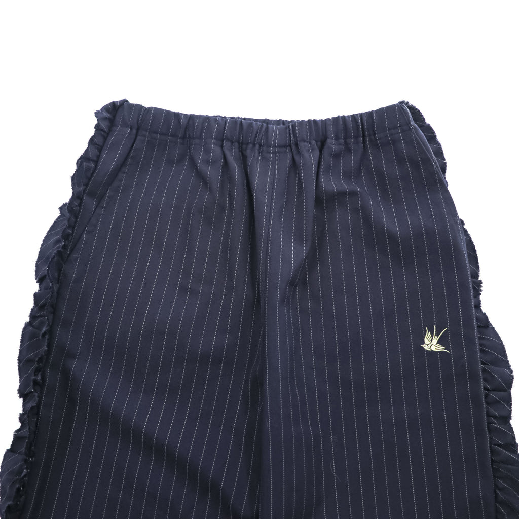 RHODOLIRION (NEPENTHES) フリルサイド ストライプパンツ Frill Side Stripe Pants スラックス イージーパンツ ネイビー ギャバジン NQ974