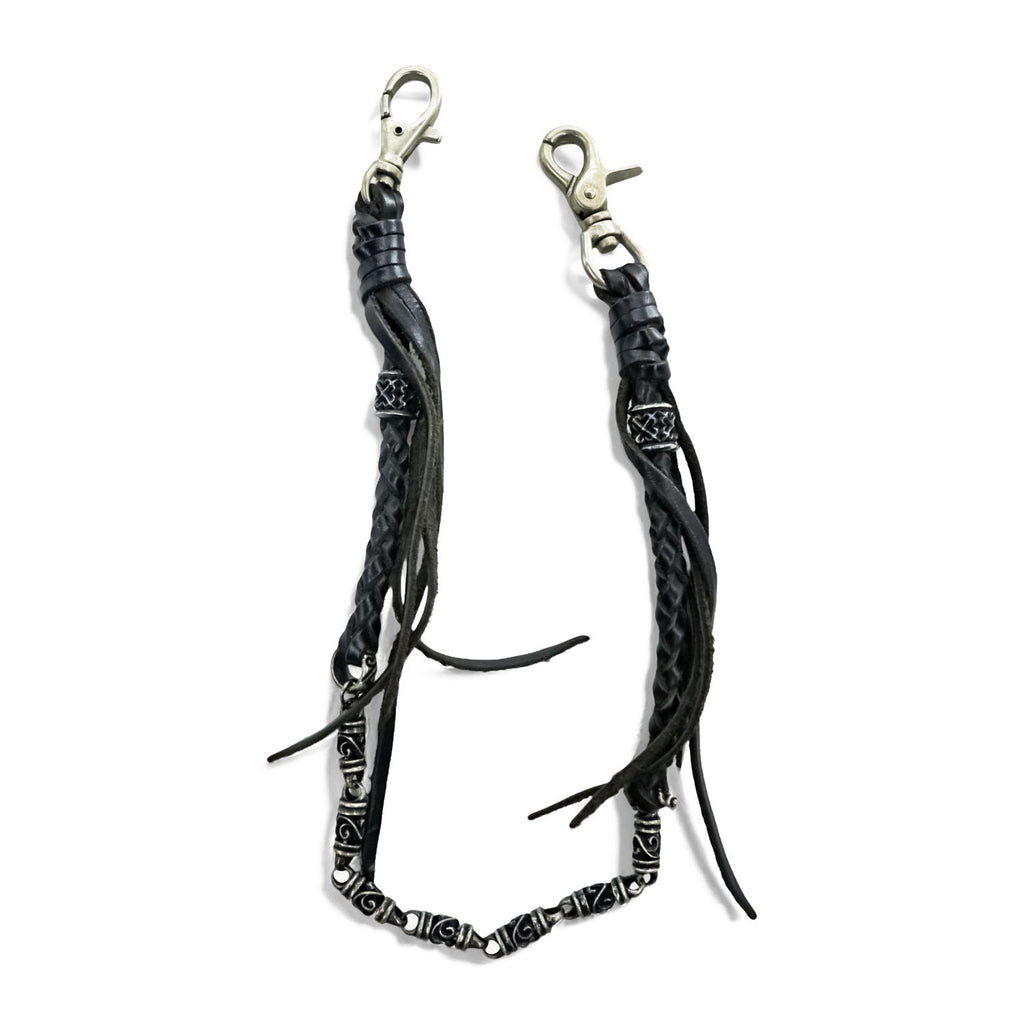Black Braided Leather Wallet Chain Silver Tone Beads Fringe Tassel Biker Native Y2K