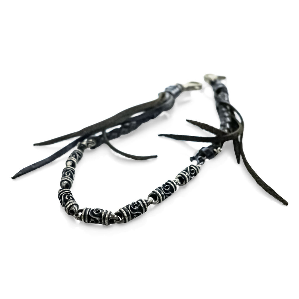 Black Braided Leather Wallet Chain Silver Tone Beads Fringe Tassel Biker Native Y2K
