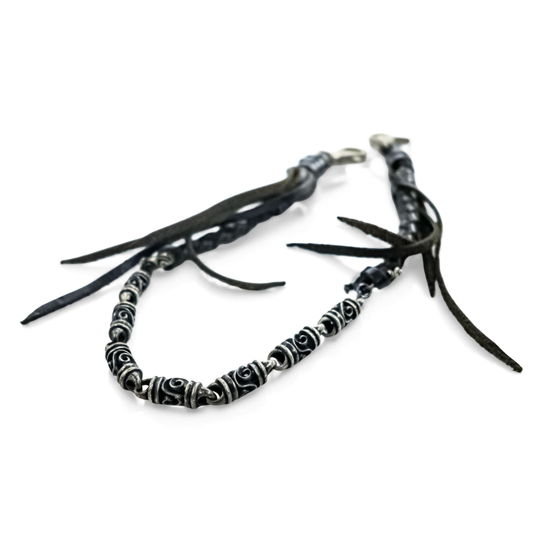 Black Braided Leather Wallet Chain Silver Tone Beads Fringe Tassel Biker Native Y2K
