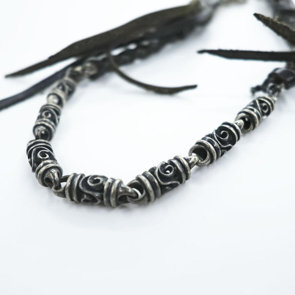Black Braided Leather Wallet Chain Silver Tone Beads Fringe Tassel Biker Native Y2K