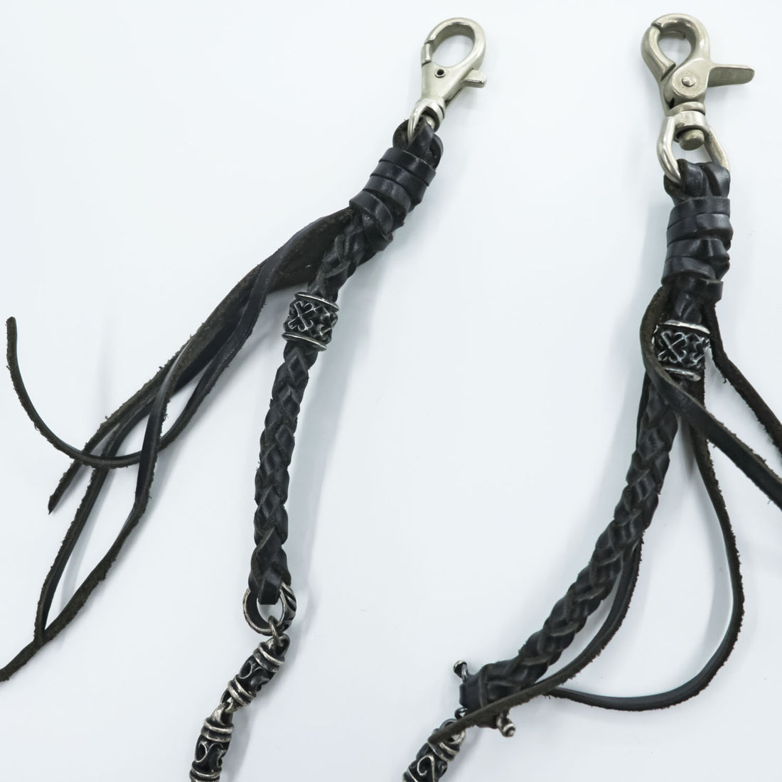Black Braided Leather Wallet Chain Silver Tone Beads Fringe Tassel Biker Native Y2K