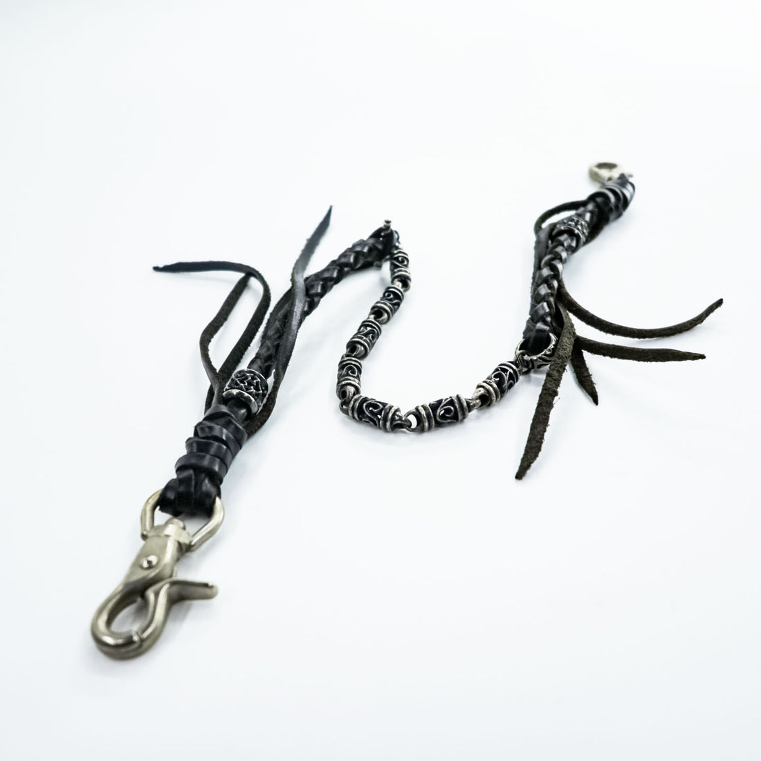 Black Braided Leather Wallet Chain Silver Tone Beads Fringe Tassel Biker Native Y2K
