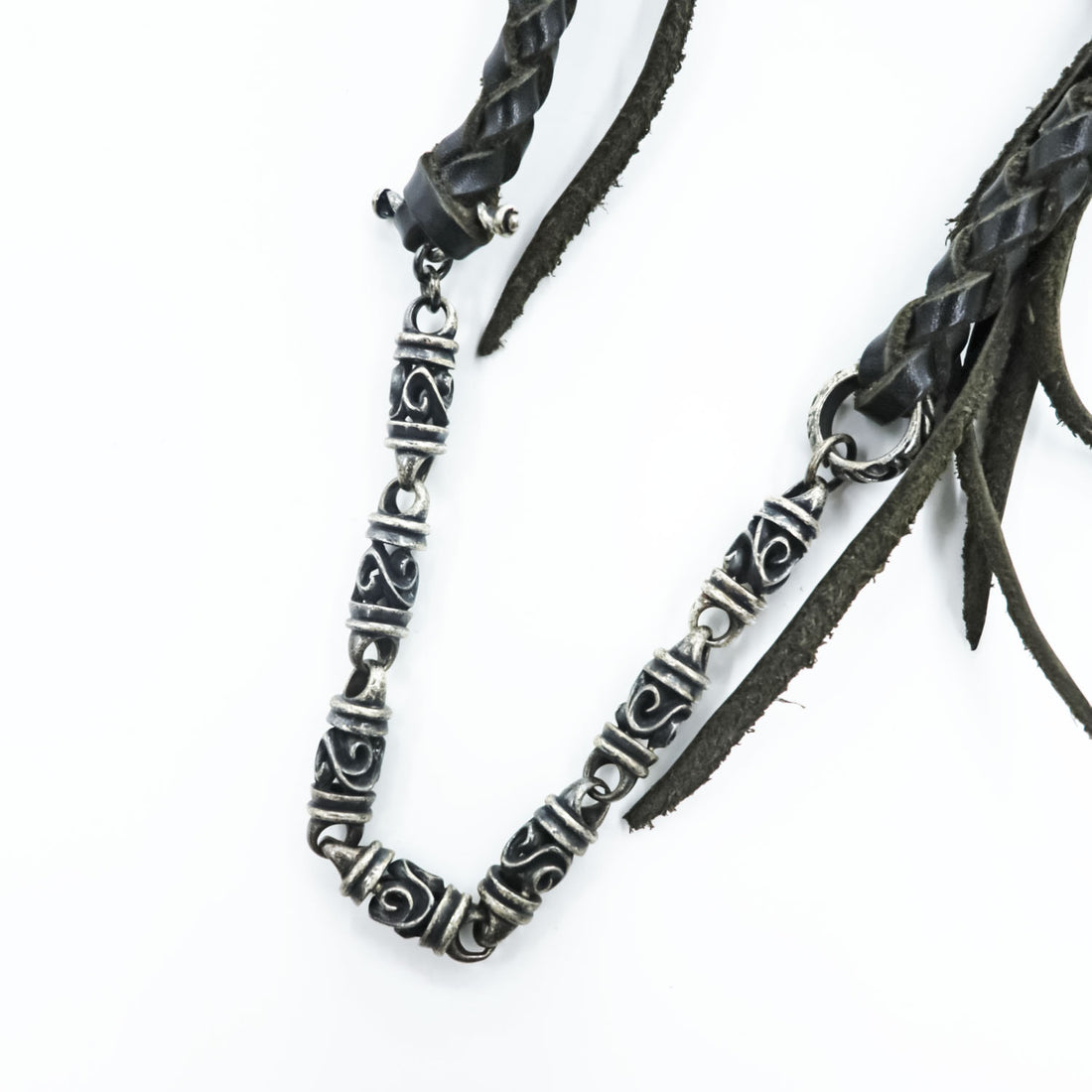 Black Braided Leather Wallet Chain Silver Tone Beads Fringe Tassel Biker Native Y2K