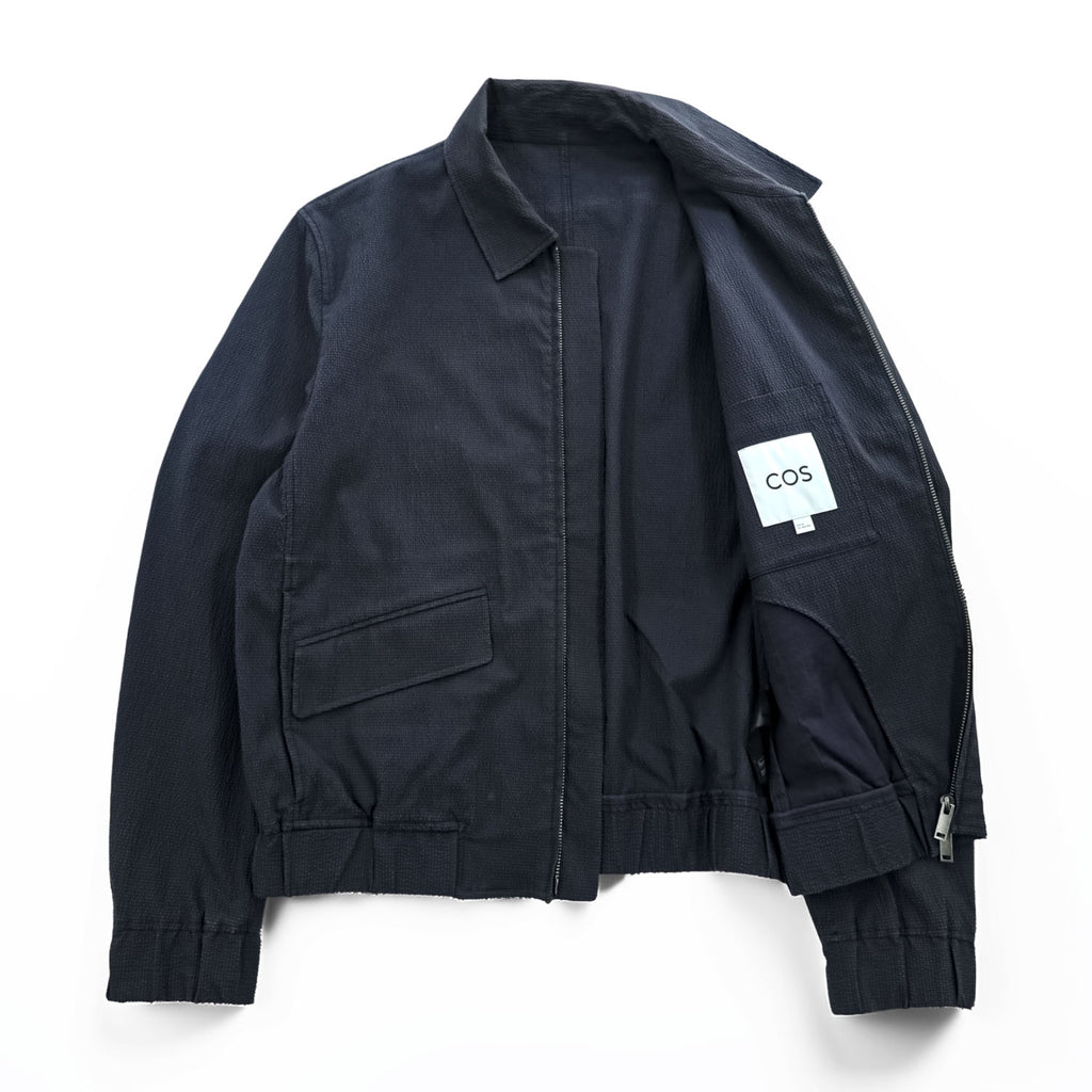 COS Textured Cotton Blend Zip Blouson Jacket Navy Blue Harrington Style Size M Made in Turkey