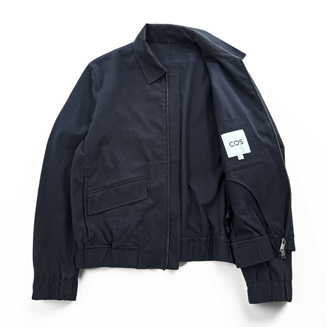 COS Textured Cotton Blend Zip Blouson Jacket Navy Blue Harrington Style Size M Made in Turkey