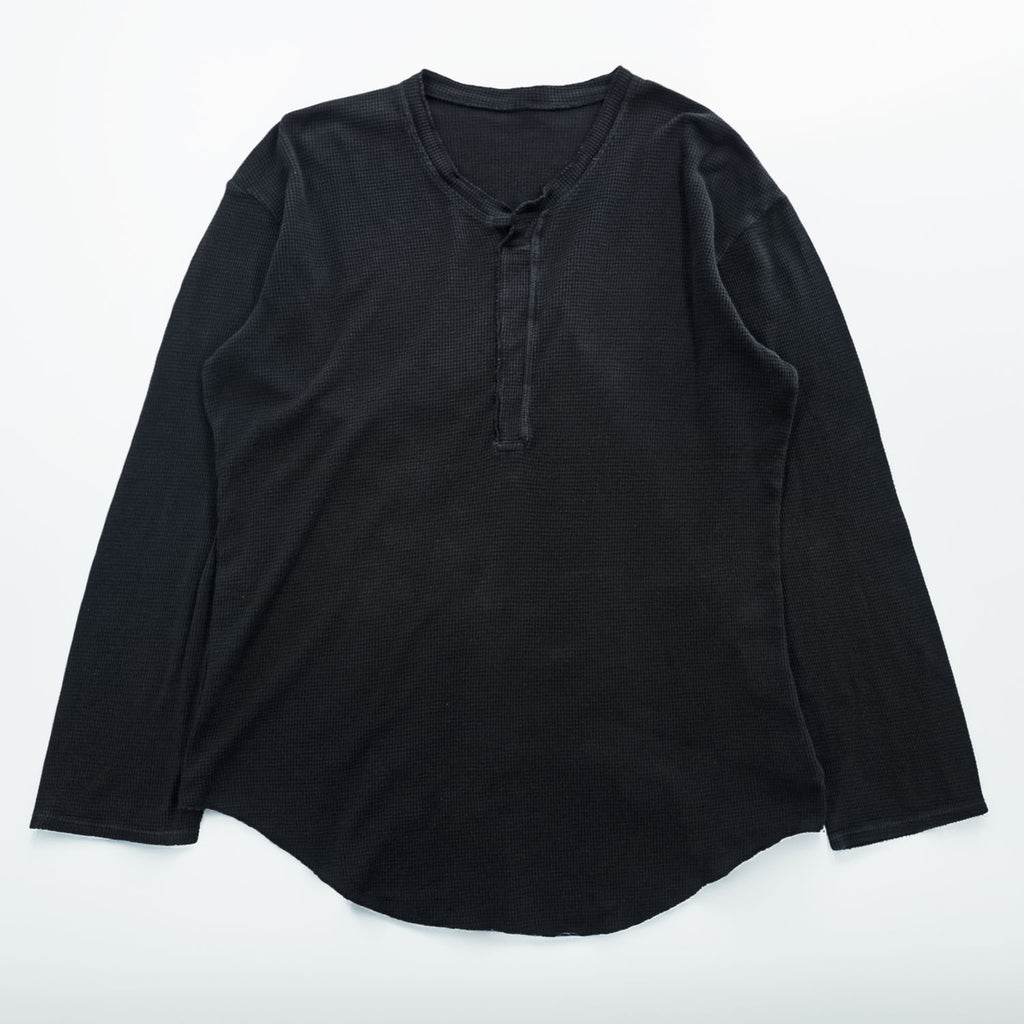 BRU NA BOINNE Japan Made Long Sleeve T-Shirt, Size L, Black, Thermal Waffle Fabric, Henley Neck, 8134-2-L