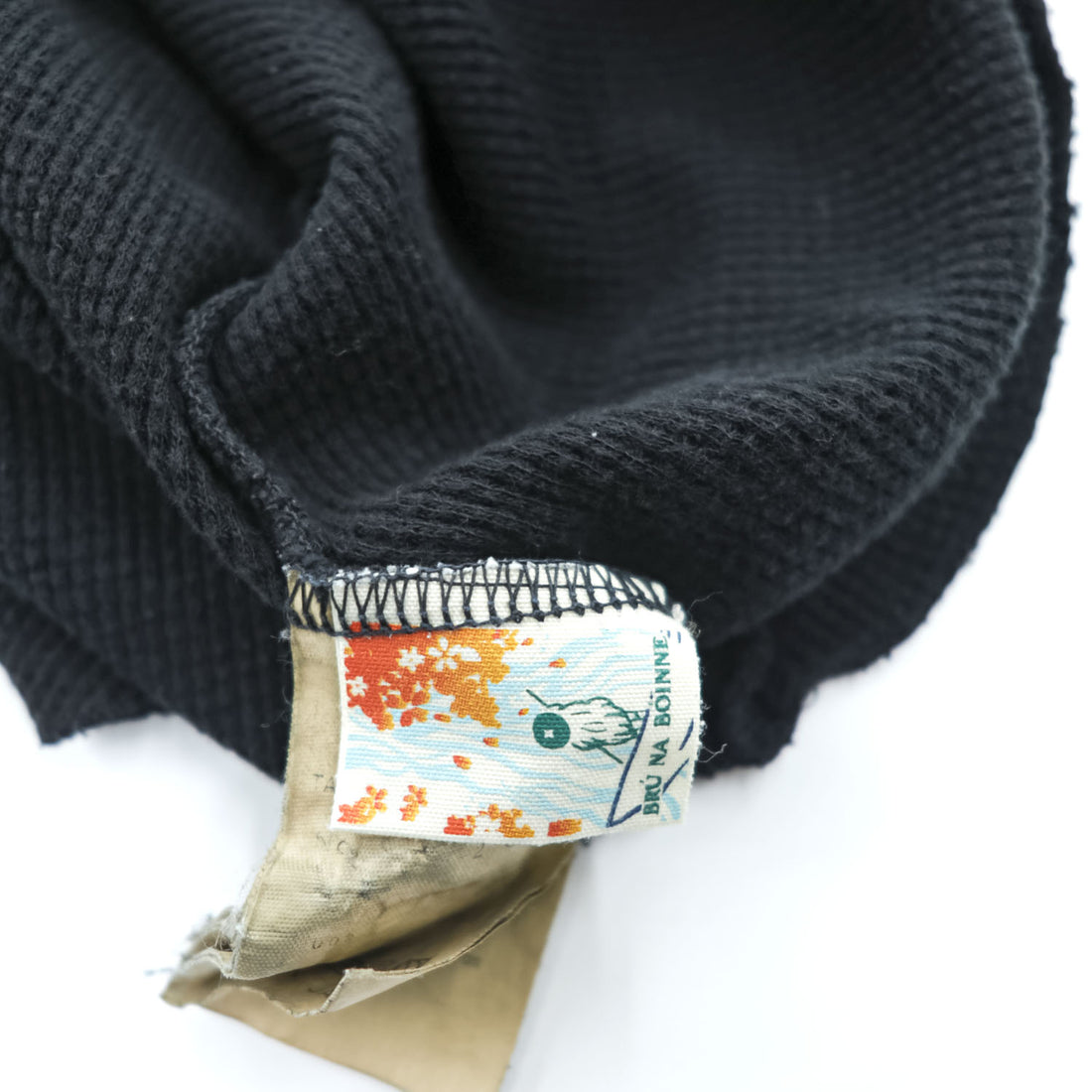 BRU NA BOINNE Japan Made Long Sleeve T-Shirt, Size L, Black, Thermal Waffle Fabric, Henley Neck, 8134-2-L