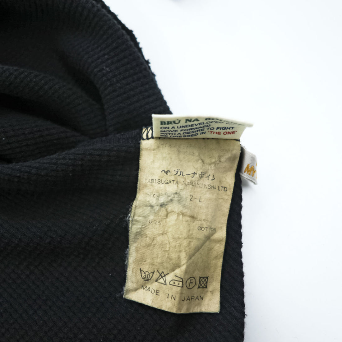 BRU NA BOINNE Japan Made Long Sleeve T-Shirt, Size L, Black, Thermal Waffle Fabric, Henley Neck, 8134-2-L