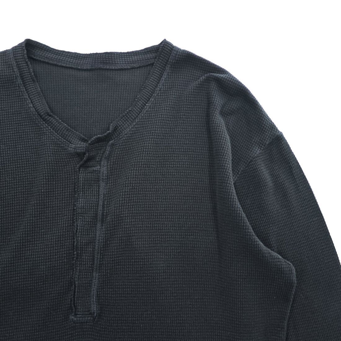 BRU NA BOINNE Japan Made Long Sleeve T-Shirt, Size L, Black, Thermal Waffle Fabric, Henley Neck, 8134-2-L