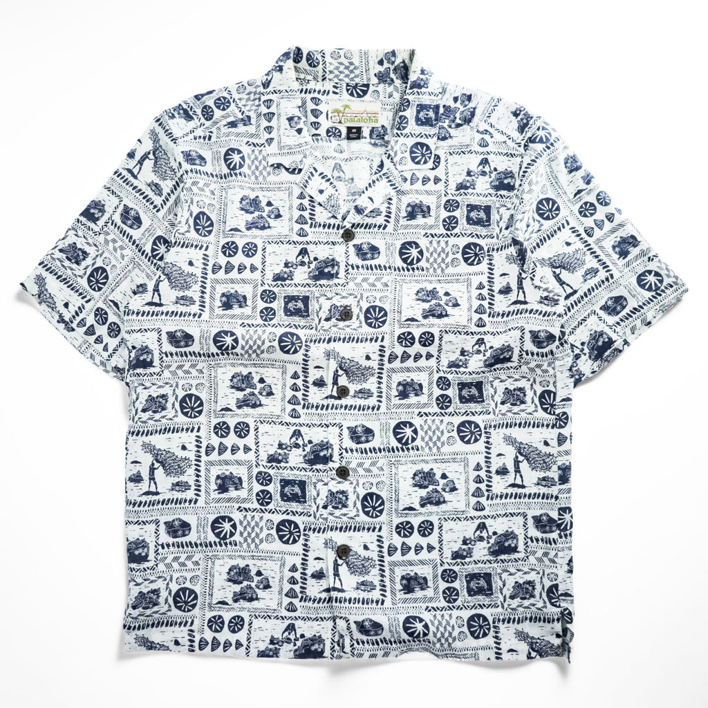 Patagonia パタロハ pataloha オープンカラー 開襟 ヘンプ アロハシャツ Limited Edition ブルー ホワイト 総柄 ココナツボタン 52550