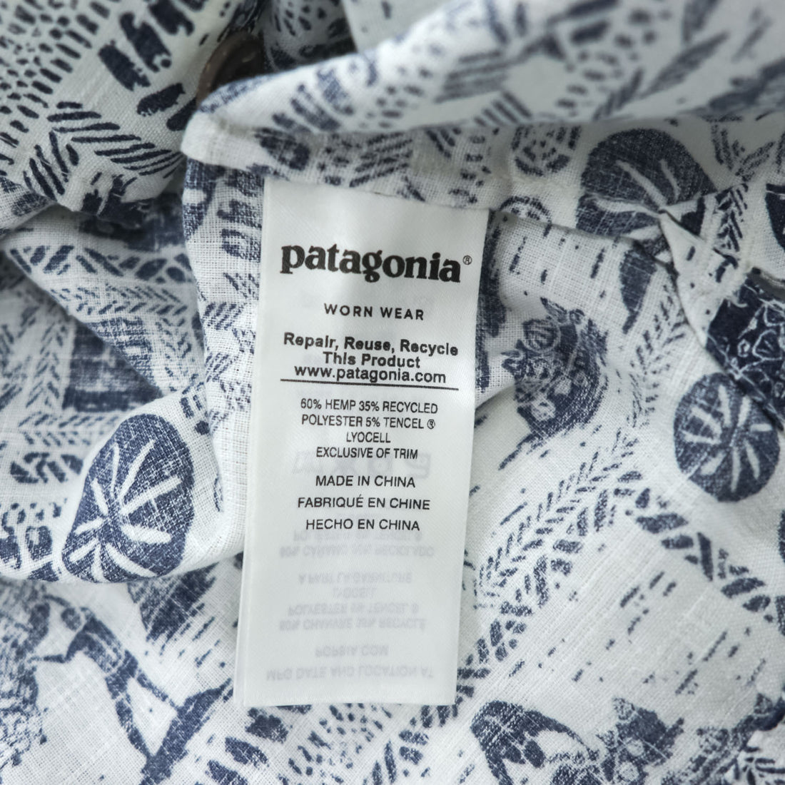 Patagonia パタロハ pataloha オープンカラー 開襟 ヘンプ アロハシャツ Limited Edition ブルー ホワイト 総柄 ココナツボタン 52550