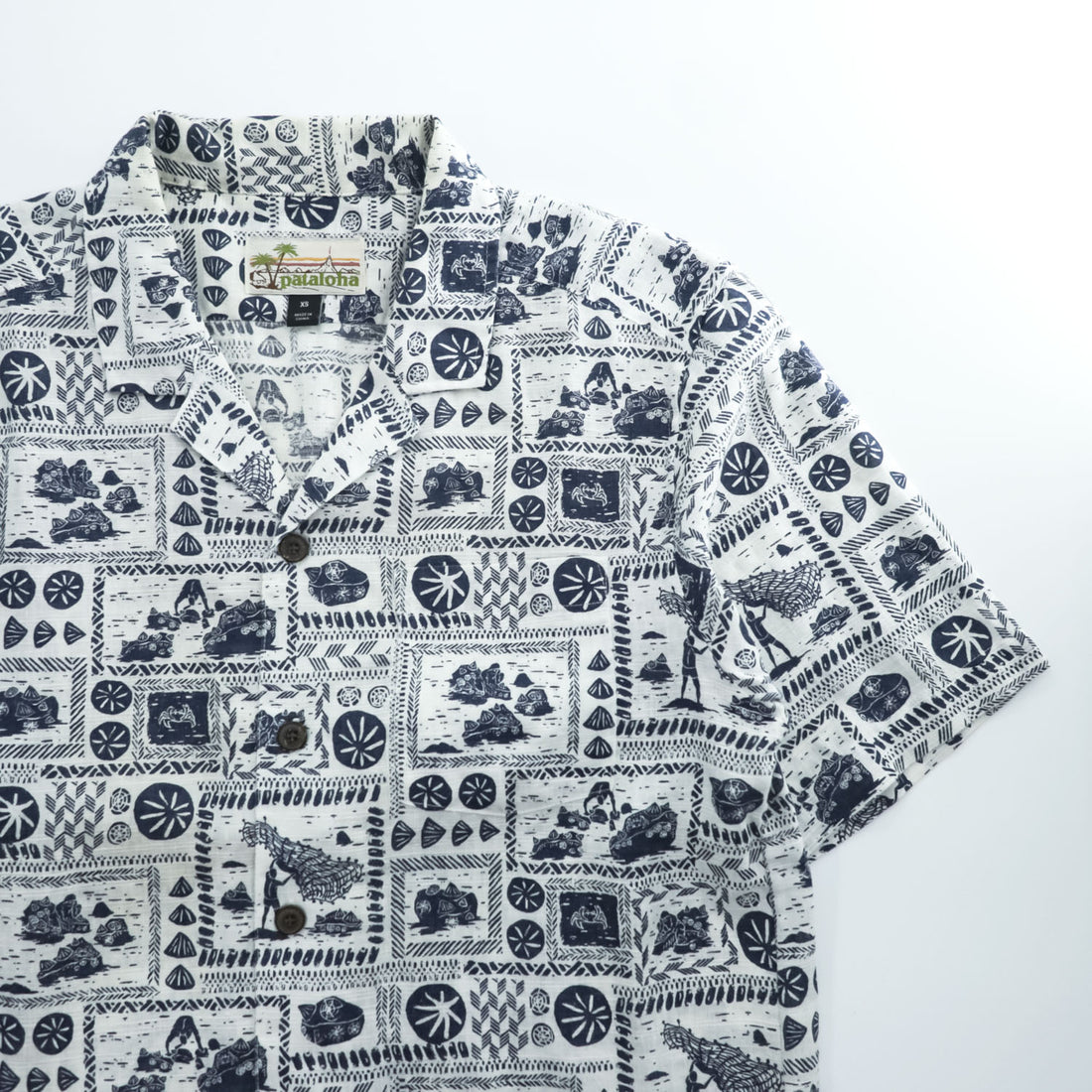 Patagonia パタロハ pataloha オープンカラー 開襟 ヘンプ アロハシャツ Limited Edition ブルー ホワイト 総柄 ココナツボタン 52550