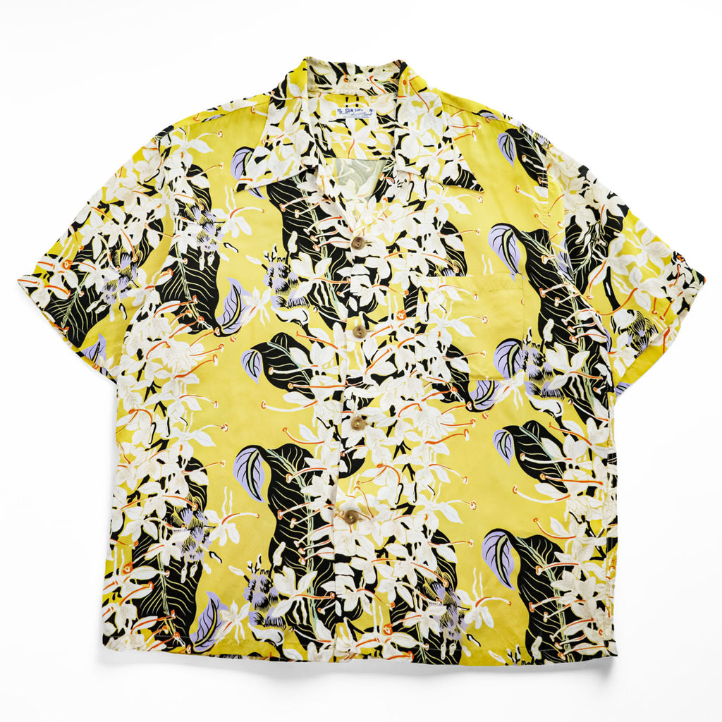 Sun Surf Ginger Lily Rayon Hawaiian Aloha Shirt Yellow Floral Open Collar Mens M 15-15.5 SS39221