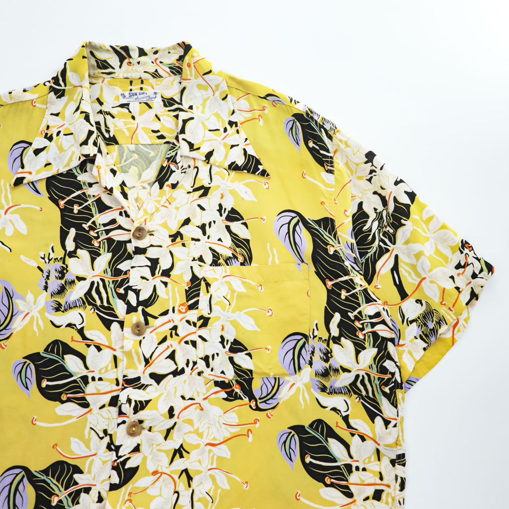 Sun Surf Ginger Lily Rayon Hawaiian Aloha Shirt Yellow Floral Open Collar Mens M 15-15.5 SS39221