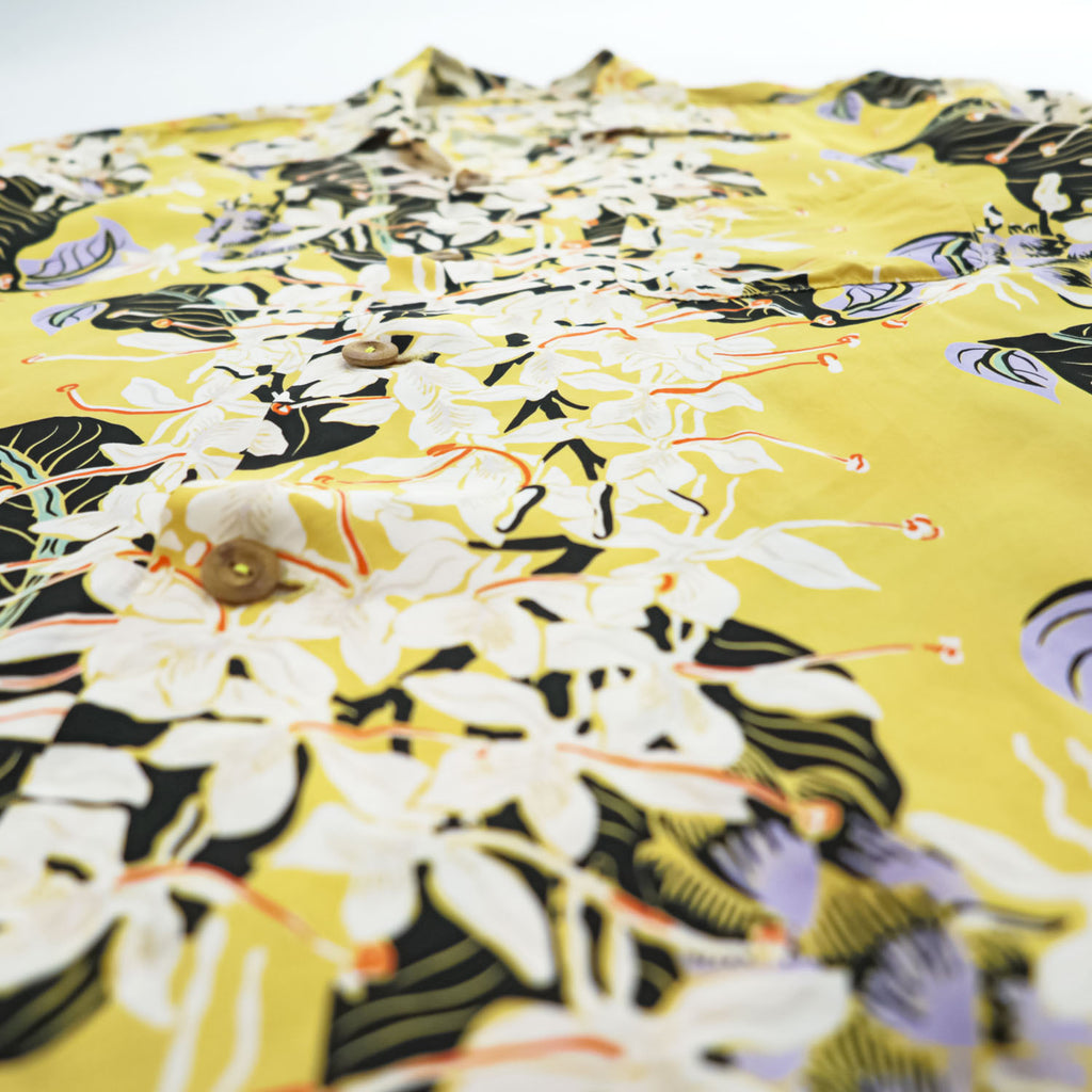 Sun Surf Ginger Lily Rayon Hawaiian Aloha Shirt Yellow Floral Open Collar Mens M 15-15.5 SS39221