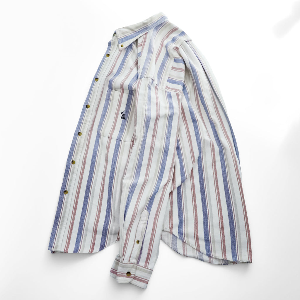 NAUTICA 90年代 ヴィンテージ インド綿 コットン 長袖 マルチストライプシャツ M ホワイト ボタンダウン