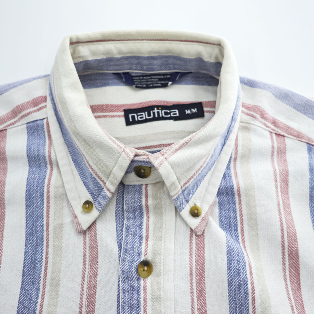 NAUTICA 90年代 ヴィンテージ インド綿 コットン 長袖 マルチストライプシャツ M ホワイト ボタンダウン
