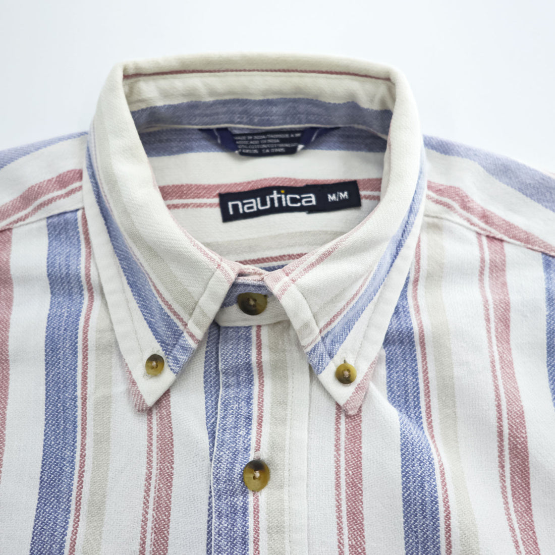 NAUTICA 90年代 ヴィンテージ インド綿 コットン 長袖 マルチストライプシャツ M ホワイト ボタンダウン