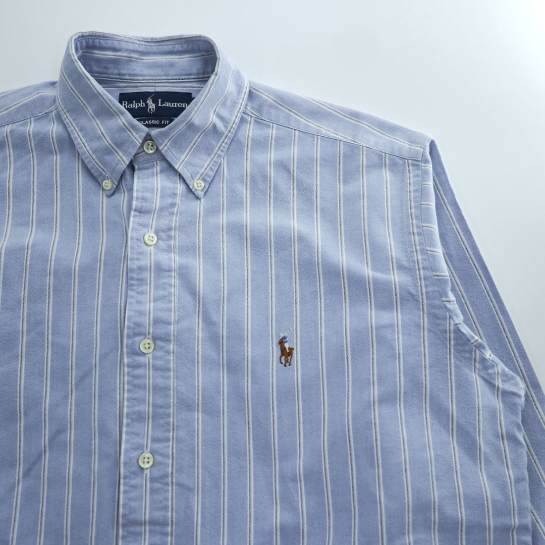 Ralph Lauren 90年代 オックスフォード 長袖 ストライプシャツ L ブルー ボタンダウン スモールポニー ロゴ 刺繍