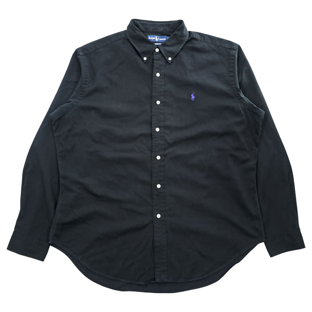Ralph Lauren 90s Vintage Long-Sleeve Button-Down Shirt, XL, Black, Small Pony Logo Embroidery, Classic Fit, Silk Blend