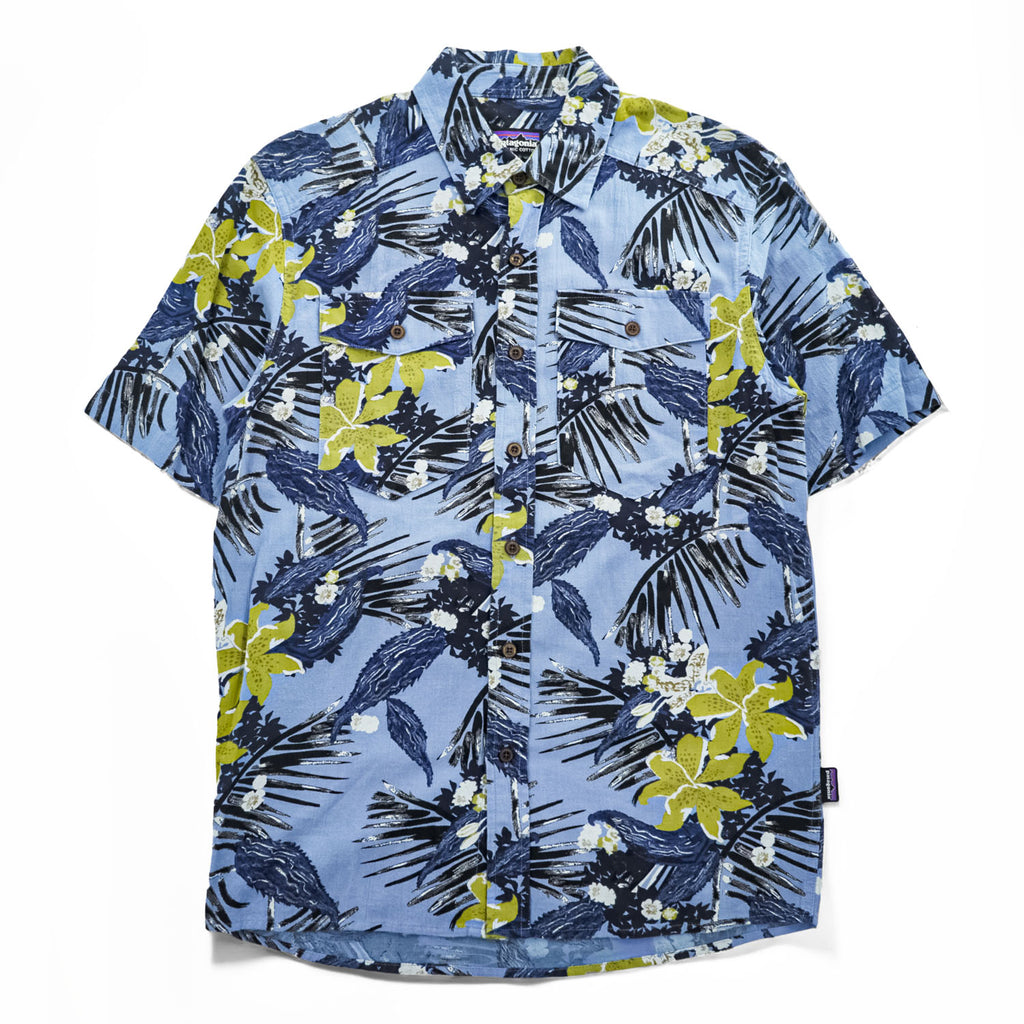 Patagonia M’s Steersman Shirt STY52931SP17 Blue Floral Tropical Organic Cotton Short Sleeve Button Up